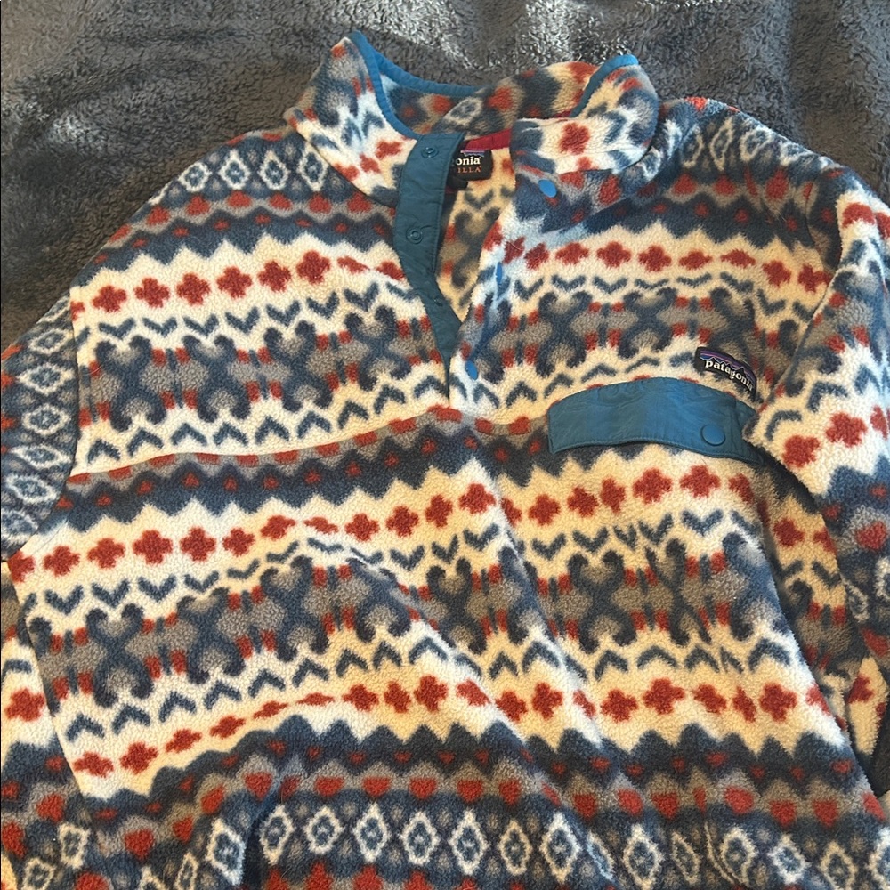 Patagonia Men's Patterned Crewneck Sweater - Blue, Red, and White